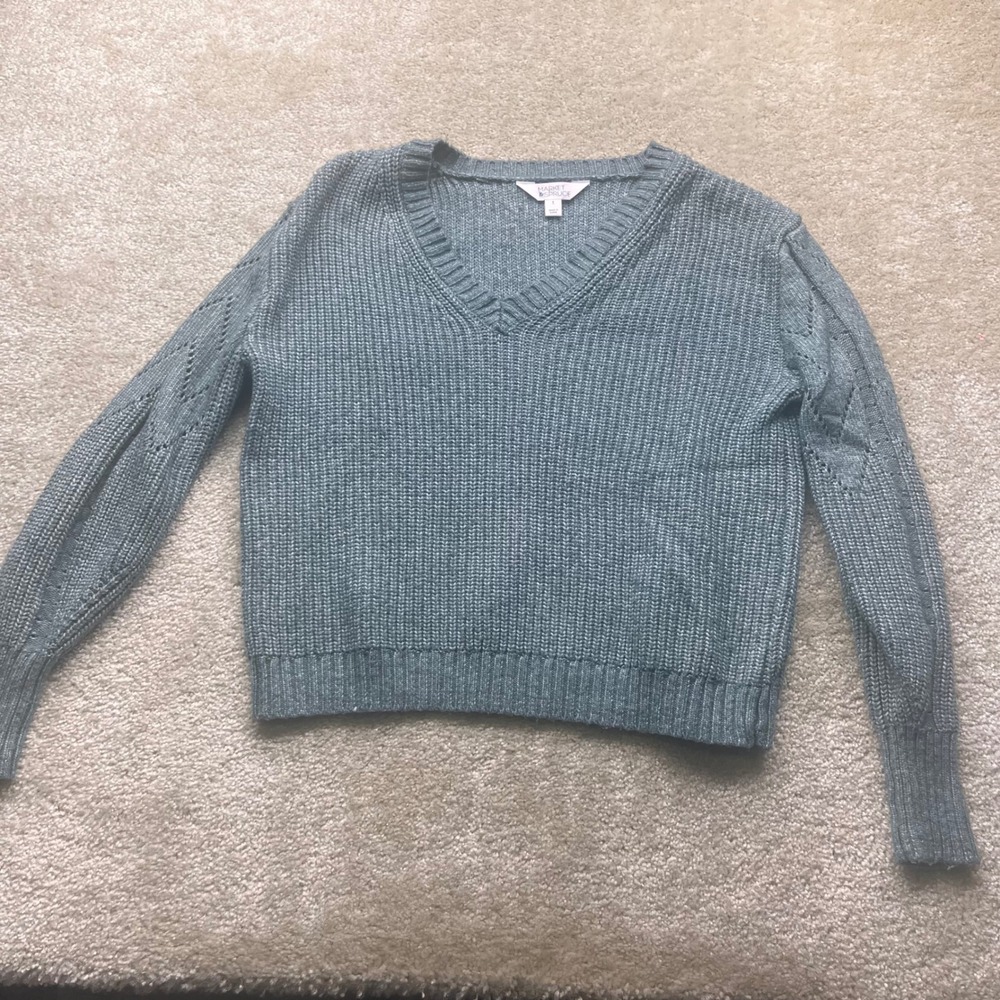 Market & Spruce Womens Shaker Knit V-Neck Sweater Pointelle Sleeve Dusty Blue S